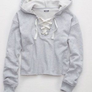 Cropped Aerie Gray Sweatshirt with lace up v neck